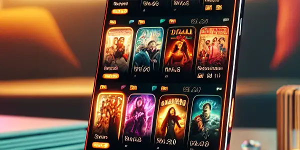 A smartphone displaying colorful adult video thumbnails on a stylish table in a cozy, dimly lit room.