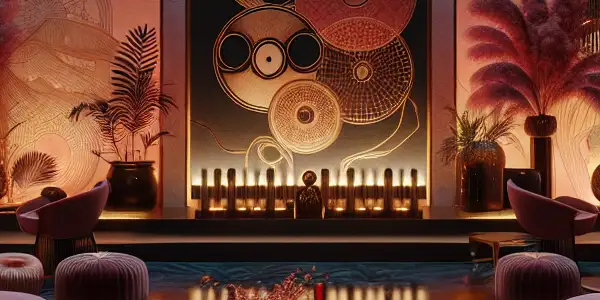 A cozy, dimly-lit room with plush seating, a large screen, wine, and intimate decor suggesting adult entertainment themes.