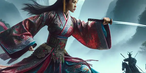 A fierce female warrior stands poised with a sword in a misty Qing Dynasty landscape, surrounded by cherry blossoms and shadowy adversaries.