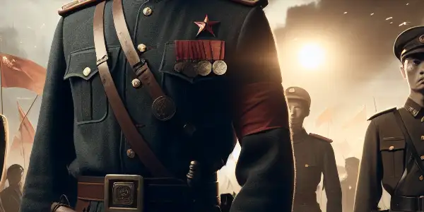 Revolutionary leaders Mao Zedong, Zhou Enlai, and Zhu De rallying soldiers amidst a dramatic, war-torn landscape during the Nanchang Uprising.