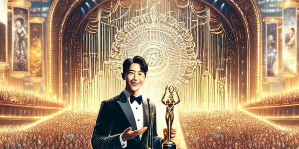 A lively scene of the 22nd Korean Blue Dragon Film Awards ceremony in a grand auditorium celebrating Korean cinema achievements.