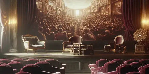 A vintage cinema scene with plush seats, a classic film screen, and elements of literature and cinema.