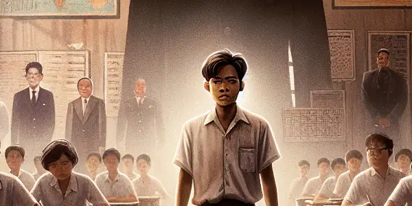 A tense classroom scene with a determined teacher and a fierce activist confronting looming authoritative figures.