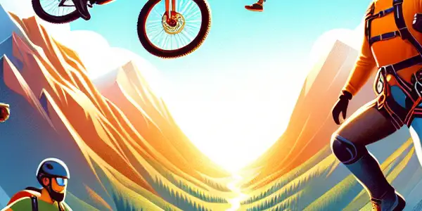 A diverse group of adventurers engaging in extreme sports amidst a stunning natural landscape, emphasizing safety and camaraderie.