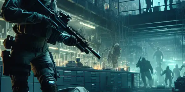 Alice from "Resident Evil" prepares to battle zombies in a dark, chaotic underground laboratory.