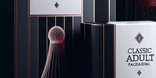 Elegant packaging design for adult products featuring black and red tones, emphasizing luxury and privacy.