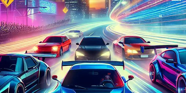High-speed racing scene in a neon-lit urban environment with diverse cars drifting through city streets at night.