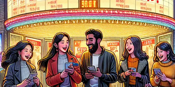 A lively city street scene with friends discussing affordable movie tickets and vibrant storefronts promoting discounts.