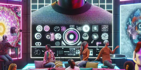 A vibrant futuristic room showcasing diverse people engaging with advanced adult entertainment technology and interactive experiences.