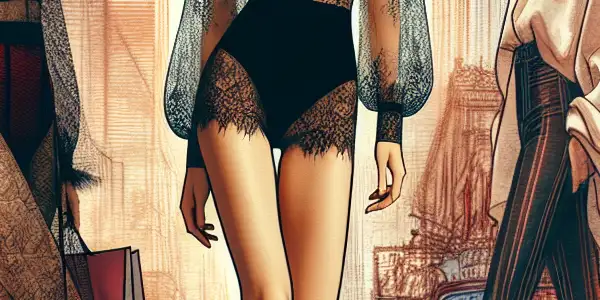 A model showcases trendy 2023 fashion in a chic urban setting, featuring a black lace bodysuit and stylish accessories.