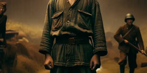 A brave young boy named Rain stands heroically on a dusty road during the Second Sino-Japanese War, surrounded by hidden dangers.