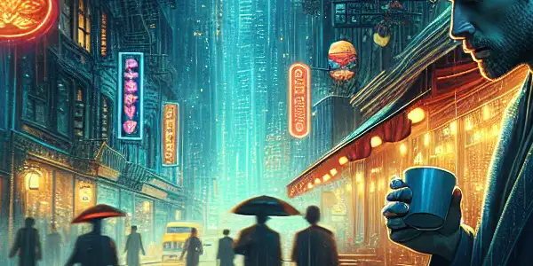 A contemplative young man holds a coffee cup on a neon-lit, rainy urban street, surrounded by blurred passersby.