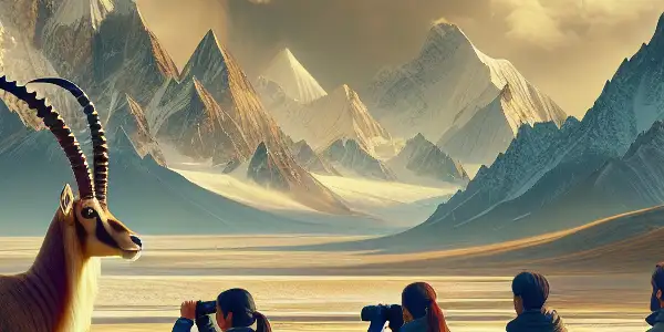 A Tibetan antelope stands on a serene plateau, observed by wildlife protectors against a backdrop of rugged mountains.