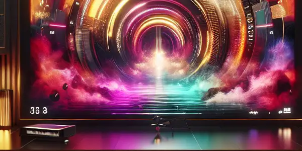 A luxurious home theater featuring a large screen with colorful visuals, plush seating, and ambient lighting.