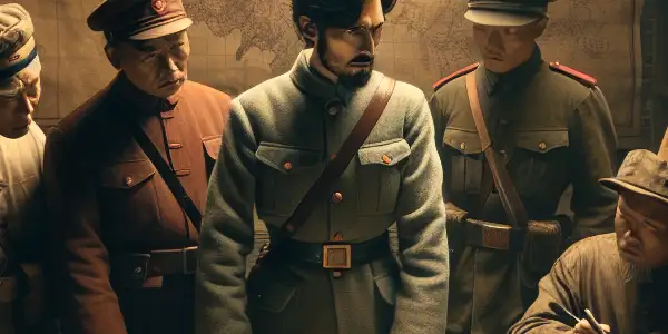 Revolutionary leaders strategizing in a dimly lit room, surrounded by maps, old books, and symbols of resistance.