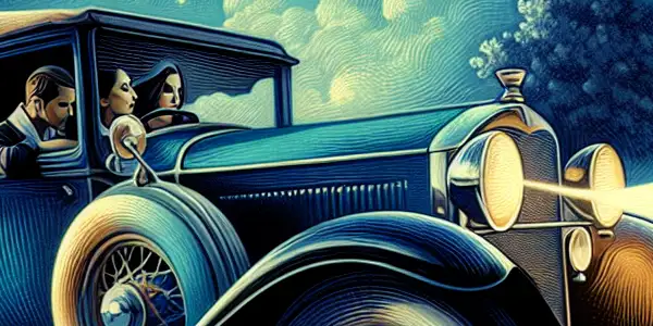 A vintage car parked under a starlit sky, with a couple sharing a heartfelt moment inside.