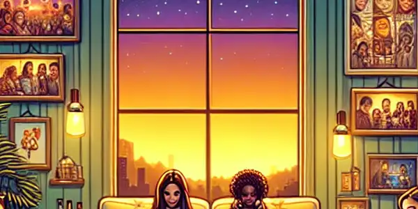 A cozy indoor scene of diverse young adults enjoying movies on smartphones, surrounded by snacks and a twilight view.