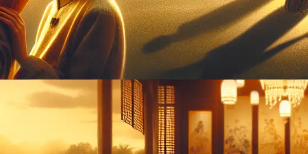 A split-screen scene featuring a romantic sunset moment and a cozy family gathering with traditional Chinese dishes.