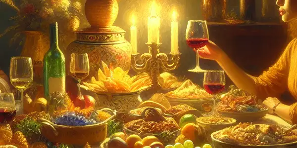 An intimate dining scene with a beautifully arranged table of diverse, vibrant dishes and a couple sharing a meaningful glance.