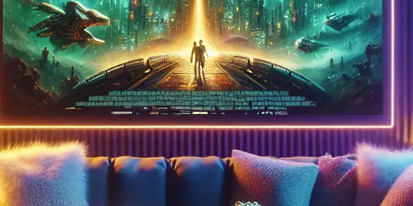 Cozy home theater with a glowing screen, comfortable sofa, popcorn, and sci-fi movie poster ambiance.