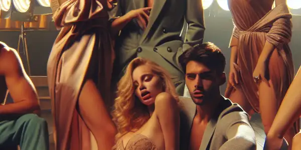 A luxurious room with diverse actors playfully interacting, surrounded by symbols of erotic drugs and intimate allure.