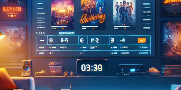 A cozy living room with a modern movie platform interface on various devices, popcorn, and a cat.