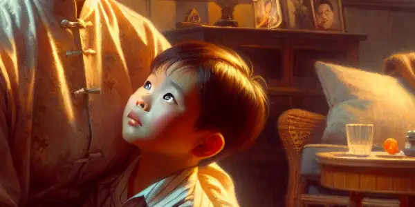 A mother embraces her young son in a cozy living room, radiating love and warmth.