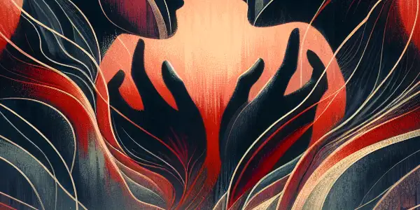 A movie poster for "Desires Unbound" featuring intertwined human figures against a twilight cityscape, symbolizing passion and longing.