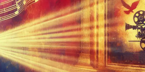 A nostalgic vintage movie theater scene with diverse audience members watching a classic film, surrounded by musical notes and film posters.