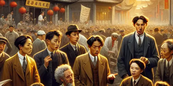 Young revolutionaries passionately discussing ideas in a historic Chinese cityscape, surrounded by books and revolutionary posters.