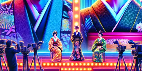 A vibrant arena featuring two adult film stars performing dramatically, surrounded by an enthusiastic audience and iconic film clips.