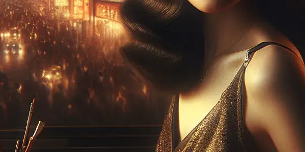 A dimly lit room featuring actress Anna, exuding romance and mystery, with a vintage diary and city skyline backdrop.