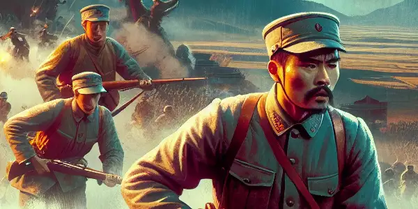 A dramatic battlefield scene featuring soldiers in traditional uniforms, showcasing bravery amidst explosions and a vibrant dusk sky.