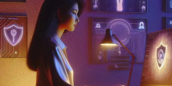 A person explores adult content in a cozy home office, illuminated by a glowing computer screen.