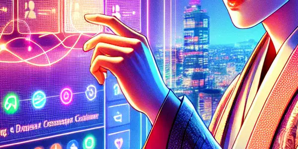 A modern digital interface for redeeming points in Japanese adult films, featuring a user engaged with vibrant icons and cultural elements.