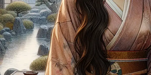 A contemplative woman in a kimono gazes at cherry blossoms in a traditional Japanese room with a serene garden view.