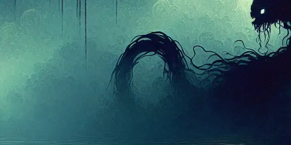 A mysterious silhouette of a water monster emerges from a misty, dark lake under a glowing full moon.