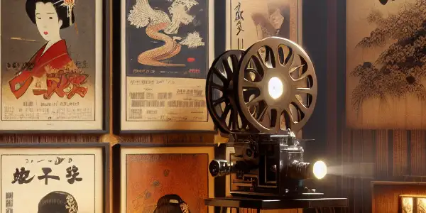 A cozy, dimly lit room with vintage film decor, featuring a projector and classic film reels, evoking nostalgia.