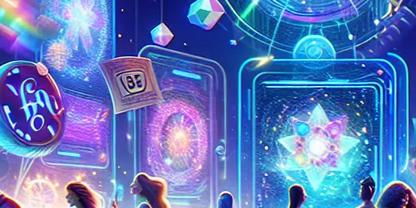 A vibrant futuristic landscape featuring diverse characters joyfully engaging with holographic screens displaying adult entertainment lottery options.