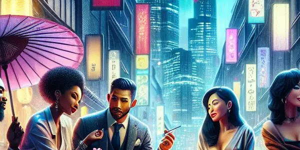 A vibrant Tokyo street scene at night, featuring actors in passionate dialogue amidst cherry blossoms and neon lights.