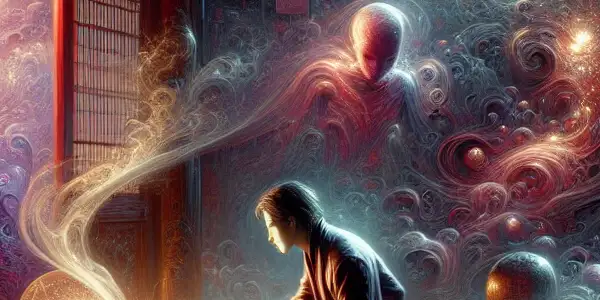 A curious figure reaches for a glowing artifact in a dimly lit room filled with forbidden objects.