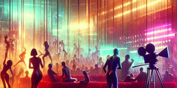 An abstract depiction of Japanese adult film culture with provocative themes and vibrant neon lights in a cinematic studio setting.