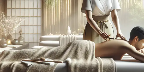 A luxurious spa setting with a massage therapist and a relaxed client, surrounded by bamboo and soft lighting.