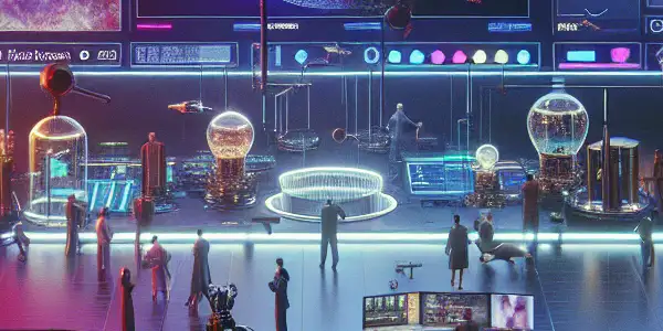 A futuristic digital workspace where diverse individuals create and submit adult videos, with vibrant platforms and privacy symbols.