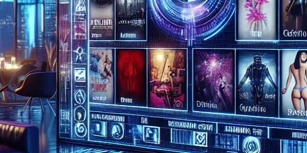 A futuristic digital interface showcasing vibrant thumbnails of adult films in a sleek, high-tech environment.