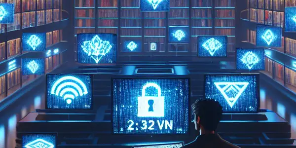 A secure digital library featuring glowing screens of adult content, emphasizing privacy and safety in a modern environment.