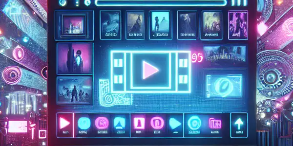 A futuristic city skyline at dusk featuring a high-tech computer screen for downloading films, surrounded by vibrant neon lights.