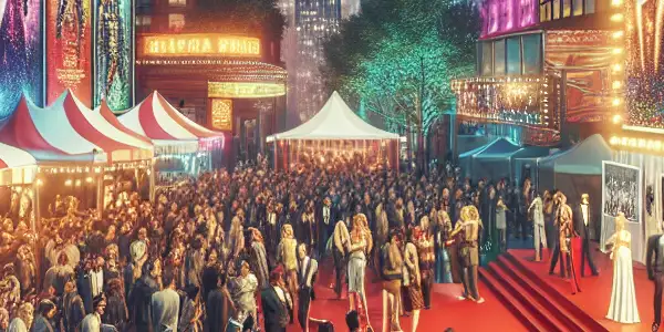 A vibrant film festival celebrating adult cinema with diverse attendees, a red carpet, and engaging exhibits.