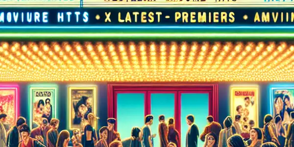 A lively movie theater scene showcasing diverse moviegoers engaging with adult film culture and vibrant digital displays.