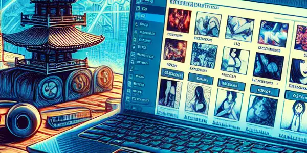 A modern digital workspace showcasing a computer with movie thumbnails, torrent icon, VPN symbol, and Japanese cultural elements.